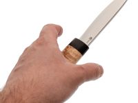 Охотничий нож Северный Соболь, сталь Х12МФ, окованный дол, рукоять карельская береза