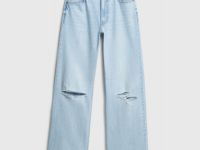 Широкие джинсы с разрезами на коленях, Голубой