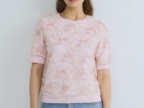 Джемпер с декором из кружева, Розовый