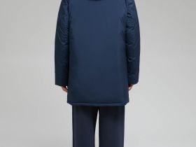 Пуховое полупальто с капюшоном и воротником-стойкой