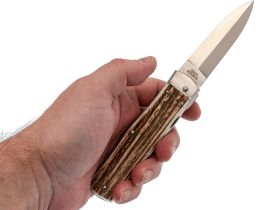 Автоматический многофункциональный нож Mikov Predator, сталь 420, рукоять рог оленя, чехол из кожи