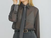 Блузка из жатого шифона с галстуком, Серый