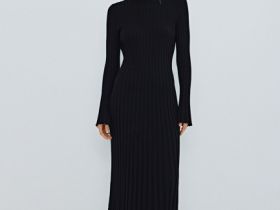 Расклёшенное платье в рубчик, Черный