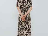 Льняное платье с разрезом спереди, Коричневый