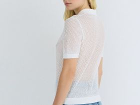Джемпер поло из ажурной пряжи, Белый