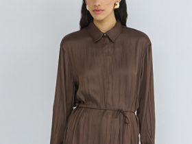 Блузка из сатина с поясом, Коричневый