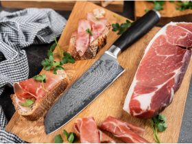 Поварской кухонный нож сантоку Boker Meisterklinge, сталь дамаск, рукоять дуб