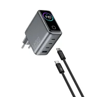 Сетевое зарядное устройство WIWU Voyager GaN 140W Type-Cx3/USB+кабель Type-C/Type-C/TFT-дисплей 1.5m (CHG200) (серый космос)