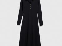 Вязаное платье миди с воротником-поло, Черный