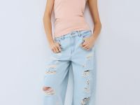 Широкие джинсы с рваным дизайном, Голубой