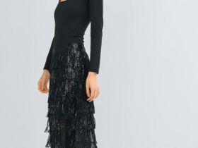 Прямая юбка с бахромой из пайеток, Черный