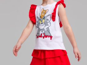 Комплект трикотажный для девочек: фуфайка (футболка), юбка-шорты