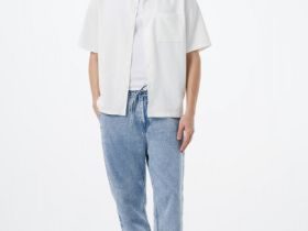 Трикотажная рубашка из фактурного полотна с коротким рукавом, Белый