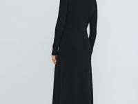 Вязаное платье с воротником поло на пуговицах, Черный