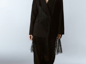Двубортный жакет с отделкой из бахромы, Черный