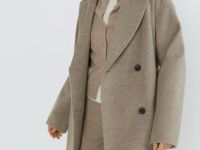 Длинное двубортное пальто с поясом, Бежевый