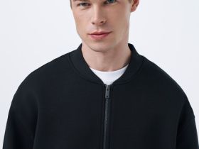 Бомбер на молнии из ткани интерлок, Черный