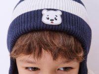 Тёмно-синяя шапка-ушанка в полоску с патчем для мальчика Глория Джинс