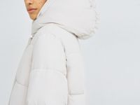Длинный стёганый пуховик с капюшоном, Бежевый