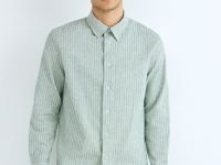 Рубашка в полоску из смесового льна, Зеленый