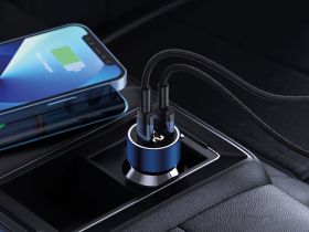 Автомобильное зарядное устройство Deppa USB-A + USB-C, PD, QC, 75 Вт синий