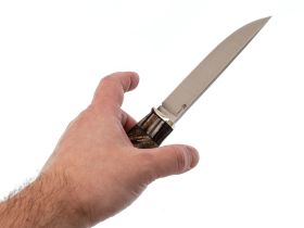 Шкуросъёмный нож Ястреб, сталь М390, рукоять мельхиор, зуб мамонта, стабилизированный кап клена