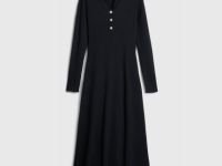 Вязаное платье с воротником поло на пуговицах, Черный