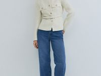 Твидовый однобортный жакет с поясом, Бежевый