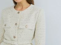 Твидовый однобортный жакет с поясом, Бежевый