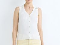 Трикотажный жилет в рубчик с воротником, Белый