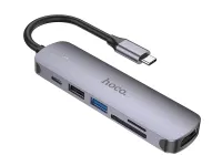 Переходник Hoco (HB28) Type-C на HDMI/USB3.0/USB2.0/USB-C/MicroSD/SD (Metal Gray)