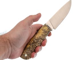 Шкуросъёмный нож Сокол, сталь М398, рукоять стабилизированный кап клена, мельхиор