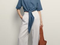 Блузка из хлопка и льна с завязками на поясе