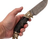 Кованый нож Юрский, дамасская сталь, рукоять карельская береза, художественное травление