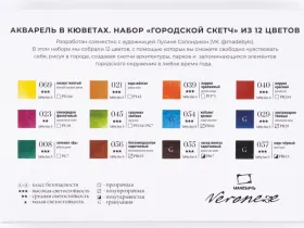 Набор акварели Малевичъ "Veroneze" Городской скетч, кюветы 2,5 мл, 12 цветов, металлическая коробка