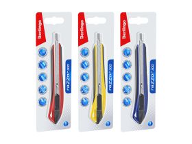 Нож канцелярский Berlingo "Razzor 300" 9 мм, auto-lock, металл. направл., мягкие вставки, синий, евр