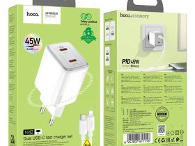 Сетевое зарядное устройство Hoco (N42) Elogiado 2xType-C/PD 45W charger (EU) + кабель Lightning (белый)