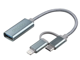 Адаптер Deppa (73135) OTG 2в1 USB на Type-C/ Lightning 15см (серый)