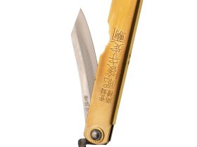 Нож складной Higonokami Nagao Kanekoma, 80мм, сталь Aogami Damascus 3 слоя, рукоять латунь черная