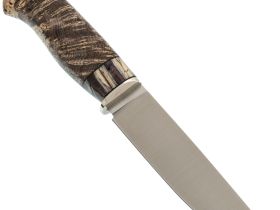 Шкуросъёмный нож Ястреб, сталь М390, рукоять мельхиор, зуб мамонта, стабилизированный кап клена