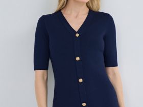 Вязаное платье с V-вырезом, Синий