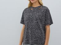 Футболка с леопардовым принтом и эффектом стирки, Серый