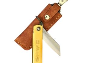 Складной нож Nagao Higonokami Warikomi, 50мм, сталь Aogami, рукоять латунь, коричневый чехол