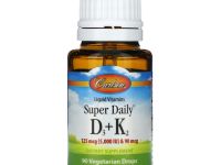 Carlson, Super Daily D3 + K2, 125 мкг (5000 МЕ) и 90 мкг, 90 вегетарианских капель, 2,54 мл (0,086 жидк. Унции)