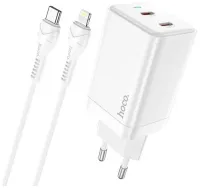 Сетевое зарядное устройство Hoco (N23) GaN 45W 2хType-C+кабель Type-C/Lightning 1m (белый)
