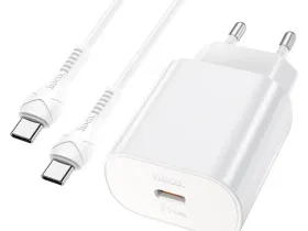 Сетевое зарядное устройство Hoco (N22) Jetta Type-C/PD25W+QC3.0 charger (EU) 3000mA + кабель Lightning (белый)