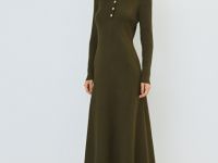 Вязаное платье с воротником поло на пуговицах, Зеленый