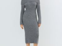 Вязаное платье с открытыми плечами, Серый