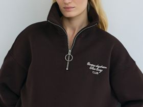 Толстовка с принтом и воротником на молнии, Коричневый