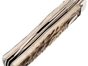 Автоматический многофункциональный нож Mikov Predator, сталь 420, рукоять рог оленя, чехол из кожи